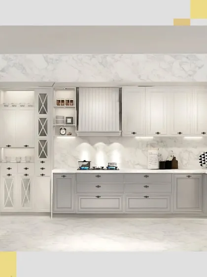 Another angle of the classic kitchen, focusing on the bank of cabinets and the elegant, panelled range hood that conceals the chimney.