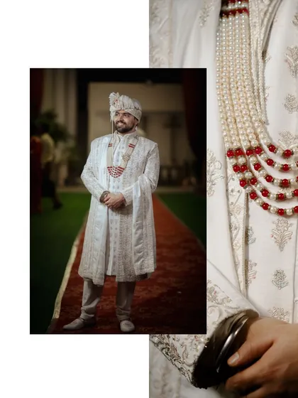 A collage of the groom in his wedding sherwani, showing a full-length view and a detail shot of his pearl necklace.