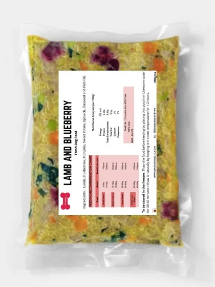 Here is our Lamb and Blueberry fresh dog food, vacuum sealed to lock in nutrients and flavor. The label clearly lists all the human-grade ingredients and nutritional information, because I believe in complete transparency about what your dog is eating.