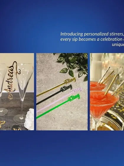 A collage demonstrating our custom stirrer options, from personalized names to branded designs in various colors.