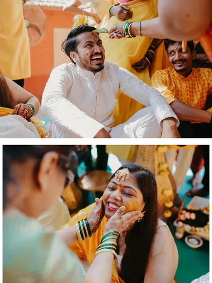 Candid shots of the bride and groom's reactions as family members apply haldi. These are the real, unposed moments that tell the story of the day.