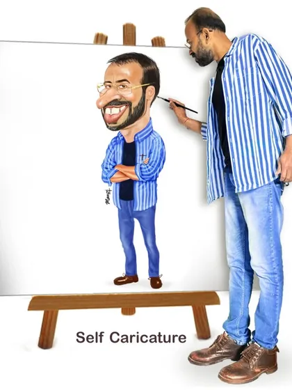 A self-caricature showing me in the act of creation. Sometimes, the artist becomes the subject.