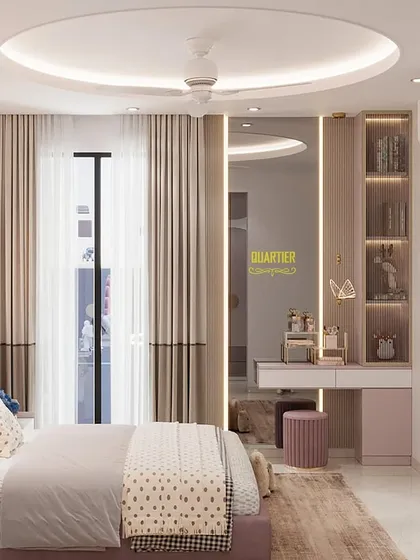 The dressing and study area in the whimsical ATS Rhapsody kids' room. The design includes a vanity with a large mirror and open shelving, all in a soft pastel color palette that matches the rest of the room.