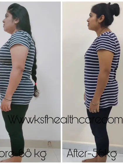 From 68 kg to 56 kg in just 4 months. My client Pooja from Dubai not only lost 12 kgs of fat but also successfully reversed her PCOD symptoms. This transformation was achieved entirely through a customized home workout plan and a natural diet, proving you don't need a gym to achieve incredible results.