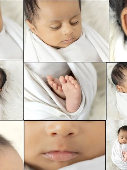Another beautiful collage showcasing all the tiny details of a newborn, from their ears and nose to their tiny toes.