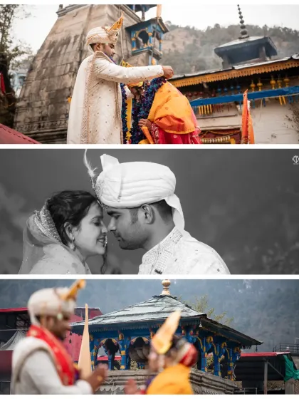 A collage showing different moments from the wedding ceremony, including the Varmala and an intimate couple portrait.