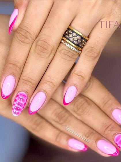 Pink with a punch! This design combines a sharp pink French tip with a trendy, textured crocodile-like accent nail. We teach you how to create various patterns and textures using gel polish.