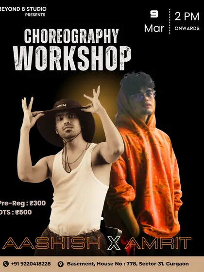 This poster announces a special workshop collaboration between two of our top instructors, Aashish and Amrit. It highlights the dynamic duo teaching a routine to 'Not Like Us'.