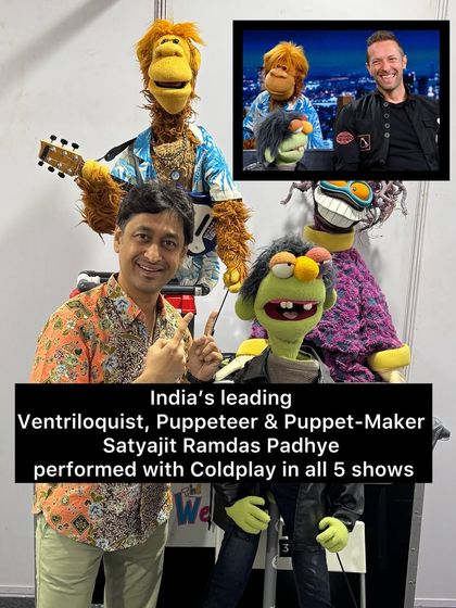 A composite image showing our puppets on stage with Chris Martin. This highlights how we integrated our performance seamlessly into Coldplay's live act.