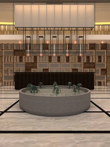 This render details the reception desk and background shelving unit. The combination of materials and symmetrical design creates a balanced and professional welcome for a corporate environment.