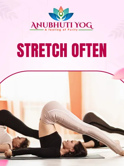 Stretching often is a key habit for a healthy body. This image shows students in Halasana (Plough Pose), a deep stretch for the back and shoulders that helps improve spinal flexibility.