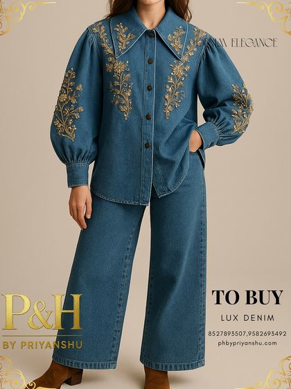 A detailed view of the blue denim shirt, focusing on the intricate gold embroidery on the collar and puff sleeves, highlighting the handcrafted artistry.