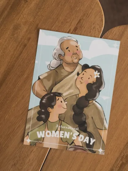 Here is my 'Generations' illustration as a physical note card, resting on a wooden table. I love seeing my digital art become a tangible object that you can gift to the inspiring women in your life, perfect for International Women's Day or any day you want to share your appreciation.