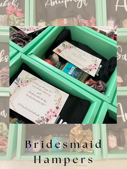 A snapshot of our curated bridesmaid hampers, highlighting the personalized cards and contents that we assemble with love for your special crew.