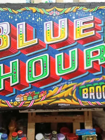 A custom piece for a client in Brooklyn, New York, titled "Blue Hour". I incorporated the New York skyline with a crescent moon, blending a Pakistani motif with an American landmark, all within my signature truck art style.