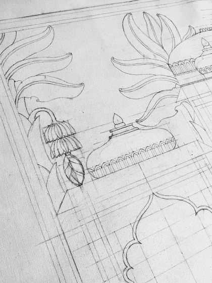 A pencil sketch of the banana tree details for the background of the Srinathji painting.