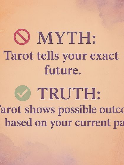 Myths vs. Truths about Tarot. This carousel debunks common misconceptions. It clarifies that Tarot is spiritual energy work, not black magic, and that it shows possible outcomes based on your current path, not a fixed future.