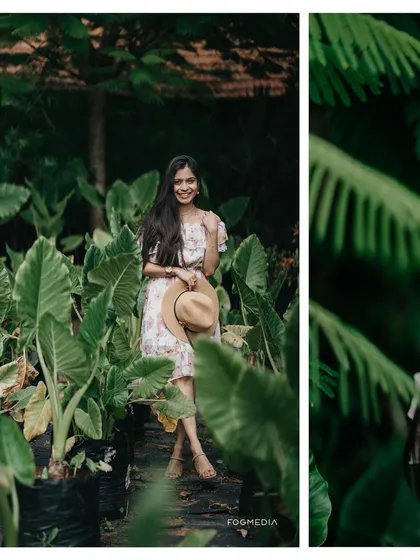 A duplicate of image 25, a beautiful diptych portrait of the bride-to-be amidst giant tropical leaves, highlighting individual portraits during a couple's shoot.
