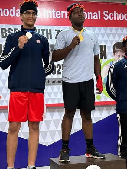 Avnoor Singh on the podium after securing his silver medal at the CBSE South Zone II championships.