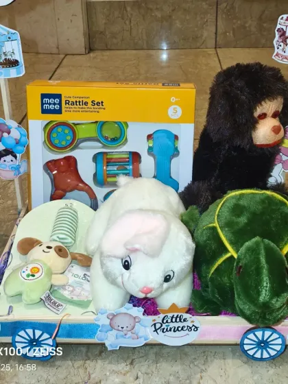 A toy cart for twins, featuring a mix of soft animals and a Mee Mee rattle set.