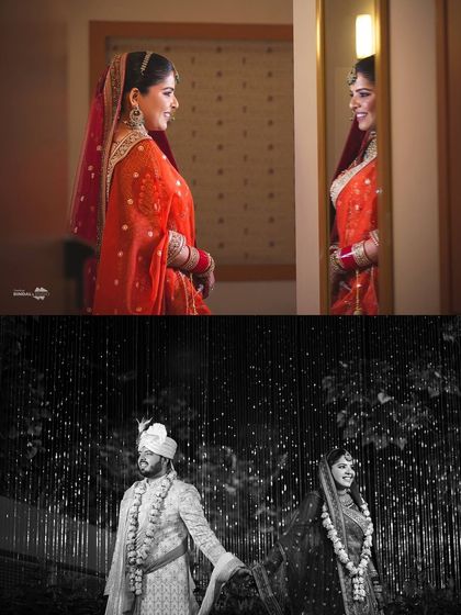 A collage showing the bride's reflection and a romantic black and white shot of the couple, telling a story of introspection and togetherness.