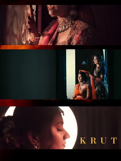 A collage showing different moments of Kruti's bridal preparation, from the final touches by her sister to a quiet, contemplative portrait.