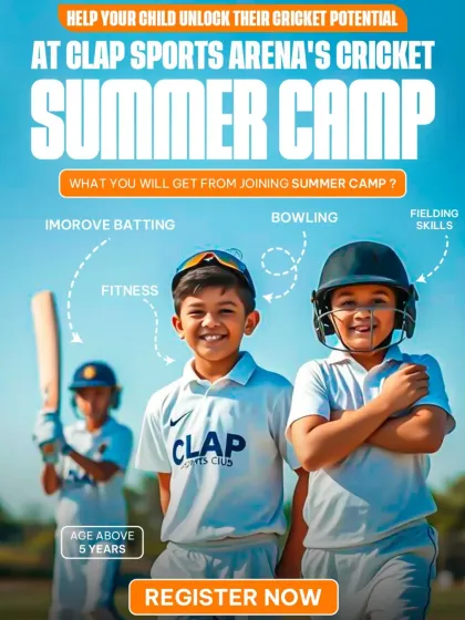 Our Cricket Summer Camp is the perfect opportunity for kids to develop their skills. This poster details what you can expect: focused training on batting, bowling, fielding, and overall fitness for players aged 5 and above.