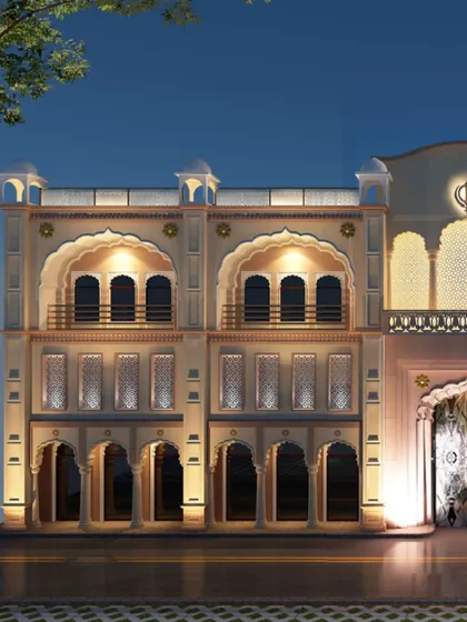 A closer perspective of the Rakab Ganj Sahib facade, detailing the arched windows and decorative elements. This view shows how we use lighting to accentuate architectural features and create a welcoming glow.