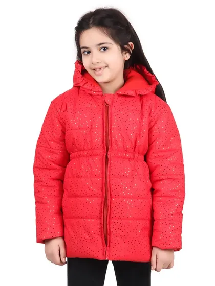 Another shot of the child model in the red jacket, showing a simple, happy pose suitable for a product listing.