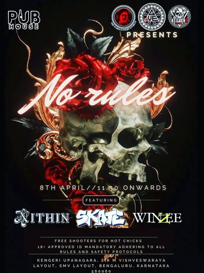 "No Rules" party poster for an event at Pub House, showcasing a dark and edgy theme.