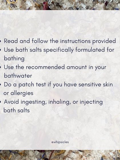 A checklist for the safe use of bath salts, reminding users to read instructions and avoid ingestion.