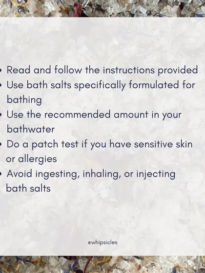A checklist for the safe use of bath salts, reminding users to read instructions and avoid ingestion.