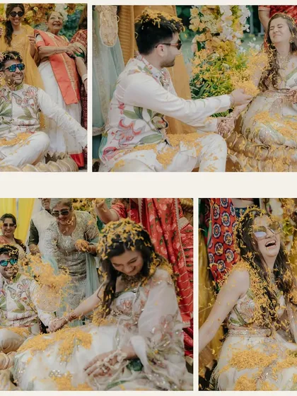 More moments of laughter and joy from the Haldi. This collage focuses on the candid reactions of the bride and groom as they are playfully covered in turmeric and flowers by their family.