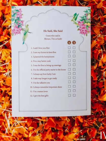 Details create the big picture. We designed this fun "He Said, She Said" game card for guests to play during the Mehendi, adding an interactive and personal element that sparked laughter and conversation.