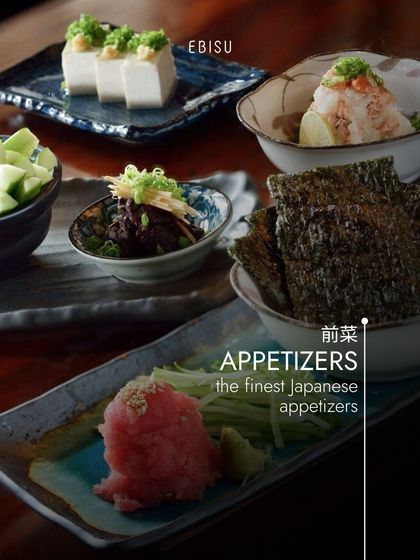 A selection of our finest Japanese appetizers. This image shows a variety of small plates, including Negitoro (minced tuna with spring onion), Hiyayakko (chilled tofu), and more.