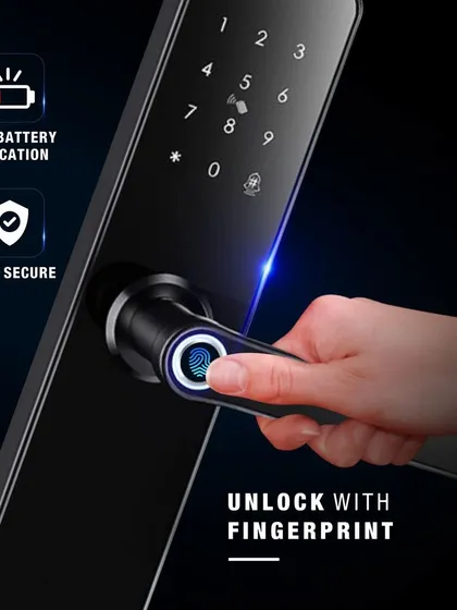 Unlock your door instantly with a single touch. This image demonstrates the speed and simplicity of our biometric fingerprint sensor, providing secure, keyless entry for you and your family.