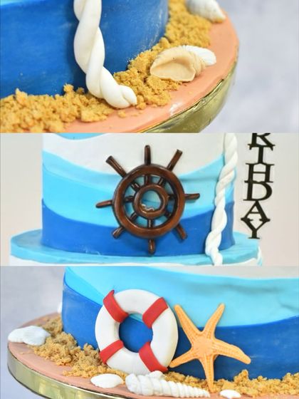 A close-up collage showing the intricate details of the sailor-themed cake, including the edible sand made from crushed biscuits, the fondant rope, the ship's wheel, and the lifebuoy.