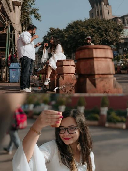 A fun and candid series of the couple enjoying tea and the vibrant atmosphere of Old Delhi during their unique pre-wedding session.