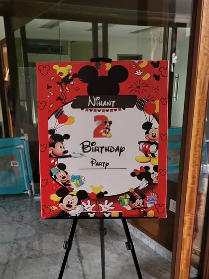A personalized welcome board for a Mickey Mouse themed birthday party. This is a great way to welcome guests to the celebration.