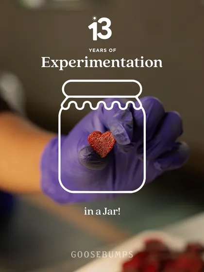 Our journey has been 13 years in the making, starting with kitchen experiments and growing into a brand loved by our GoosebumpsFam. This heart shaped piece of fruit, held by one of our team members, represents the love and passion we pack into every single product.