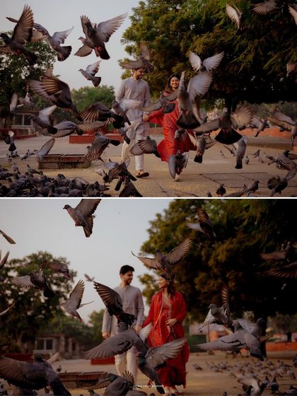 A playful and dynamic moment as the couple walks through a flock of pigeons in Jaipur, creating a sense of life and movement in their pre-wedding story.