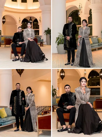 A collage of portraits from the reception. The couple's poses exude confidence and glamour, a perfect match for their high-fashion ensembles.