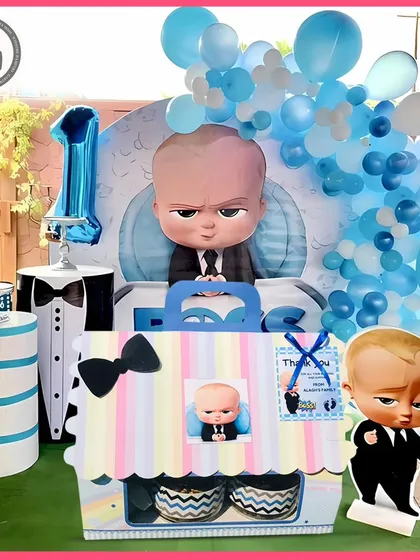 My Boss Baby themed hampers are perfect as return gifts for a first birthday party. This setup shows how the themed boxes can be a part of the party decor.
