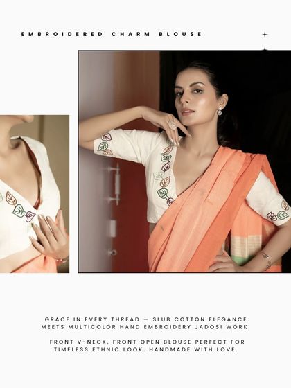 Grace in every thread. This slub cotton V-neck blouse features multi-color hand-embroidered Jadosi work in a leaf pattern, creating a timeless ethnic look that is handmade with love.