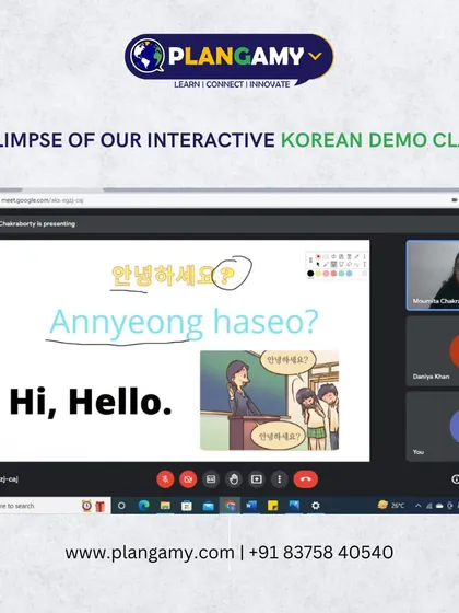 In this screenshot from our live class, the instructor breaks down the common Korean greeting 'Annyeong haseyo', explaining its meaning and usage.