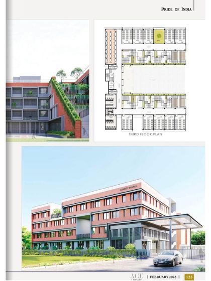 This feature from Ace Magazine includes the third-floor plan of the MG Suncity School, showing the layout of classrooms around a central open space. The design prioritizes natural light and ventilation.