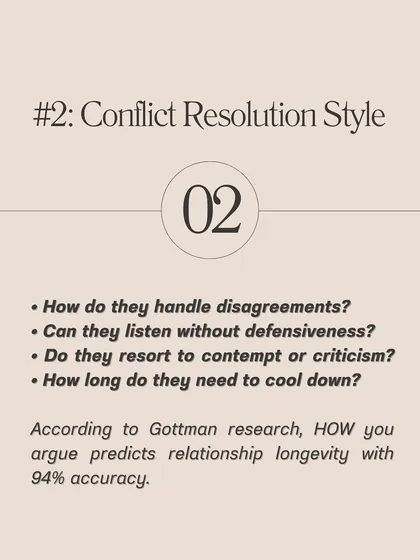 Research shows that how you argue predicts relationship longevity with 94% accuracy. This checklist helps you evaluate your partner's conflict resolution style, from their ability to listen without defensiveness to how they cool down after a fight.