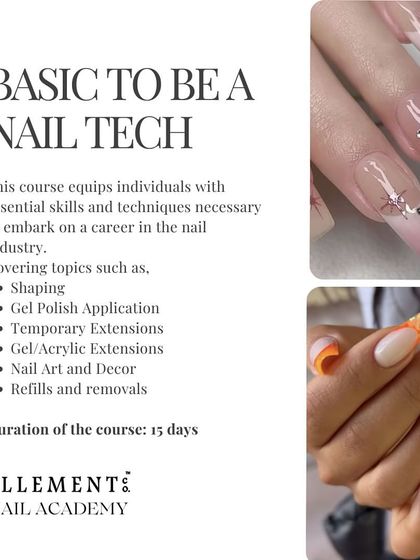 Our 15-day 'Basic to be a Nail Tech' course equips you with essential skills in shaping, gel polish, temporary extensions, and basic nail art.