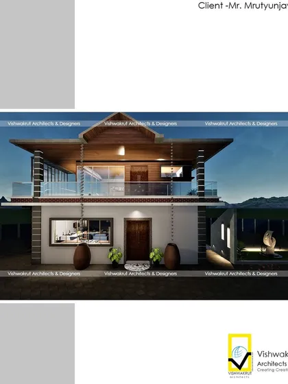 A full exterior render of the Rock Villa, showcasing the cantilevered roof and the combination of stone, wood, and glass materials that define its modern aesthetic.