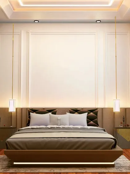 A luxurious bedroom design featuring a tall, statement headboard and elegant pendant lights hanging over the nightstands. The room includes floor-to-ceiling wardrobes and a large window for plenty of natural light.